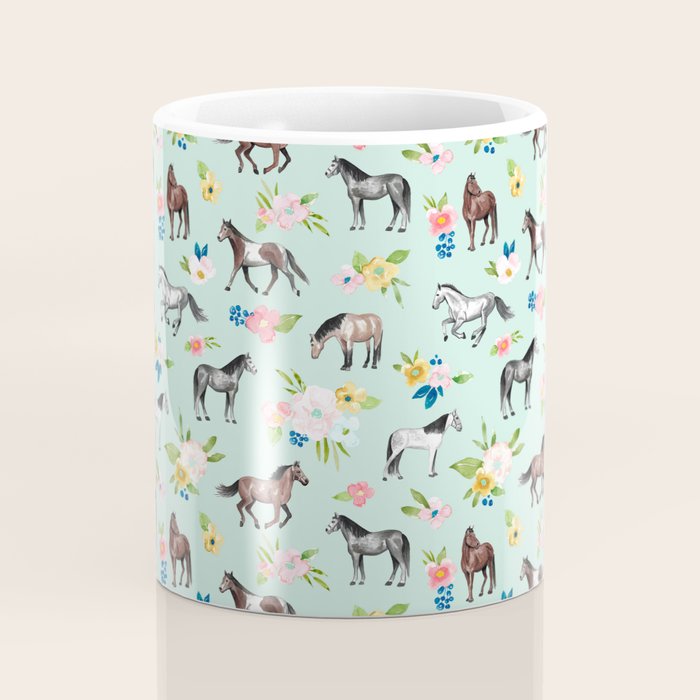Horse and Flower Print, Mint Blue, Pink flowers, Equestrian, Spring Floral Coffee Mug Gallery Image 4