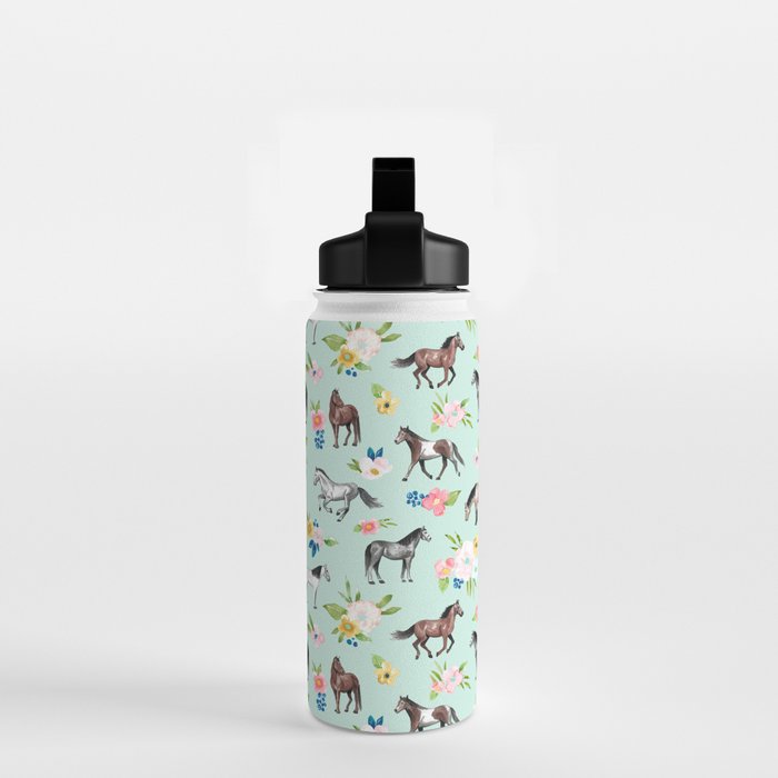 Horse and Flower Print, Mint Blue, Pink flowers, Equestrian, Spring Floral Water Bottle Gallery Image 2