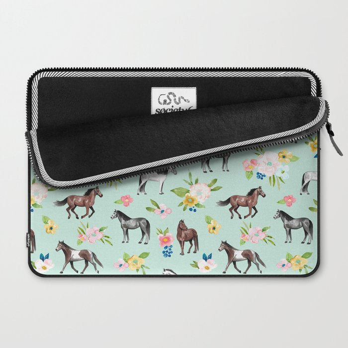 Horse and Flower Print, Mint Blue, Pink flowers, Equestrian, Spring Floral Laptop Sleeve Gallery Image 2