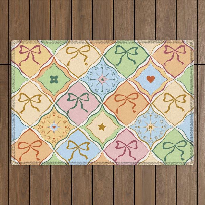 Coquette Ribbon Bows on Colorful Patchwork Outdoor Rug Gallery Image 1