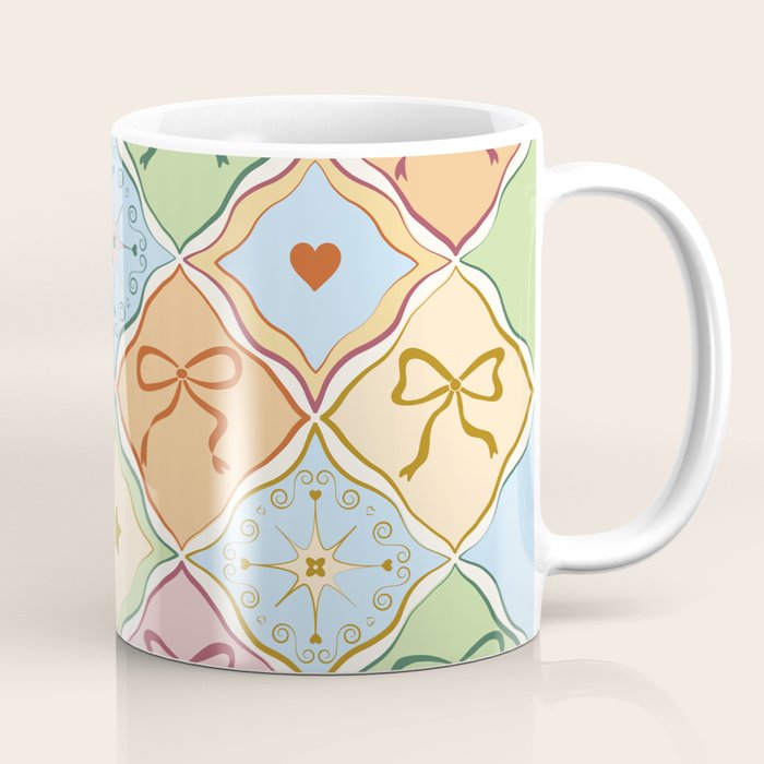 Coquette Ribbon Bows on Colorful Patchwork Coffee Mug Gallery Image 1