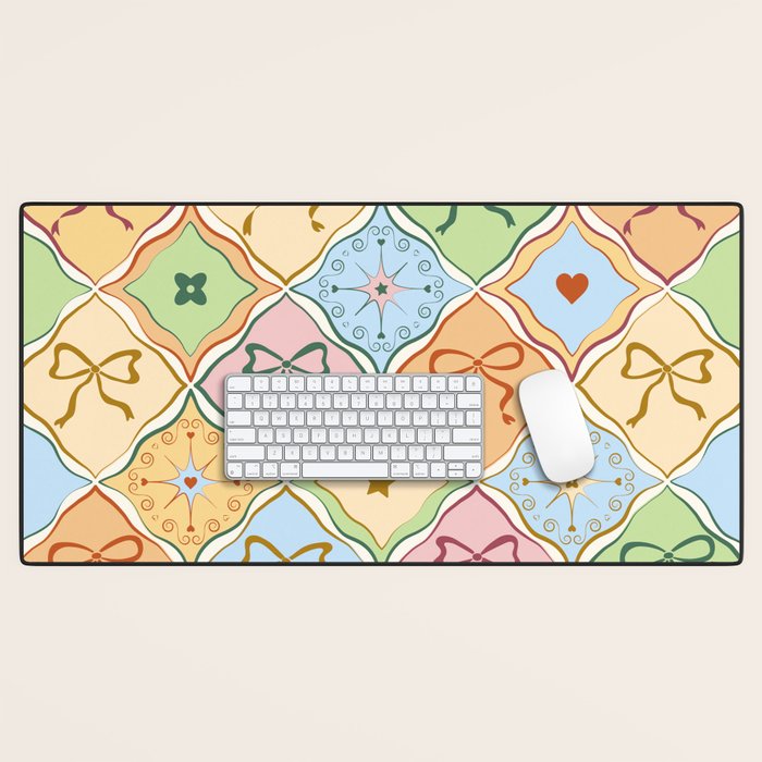 Coquette Ribbon Bows on Colorful Patchwork Desk Mat Gallery Image 1