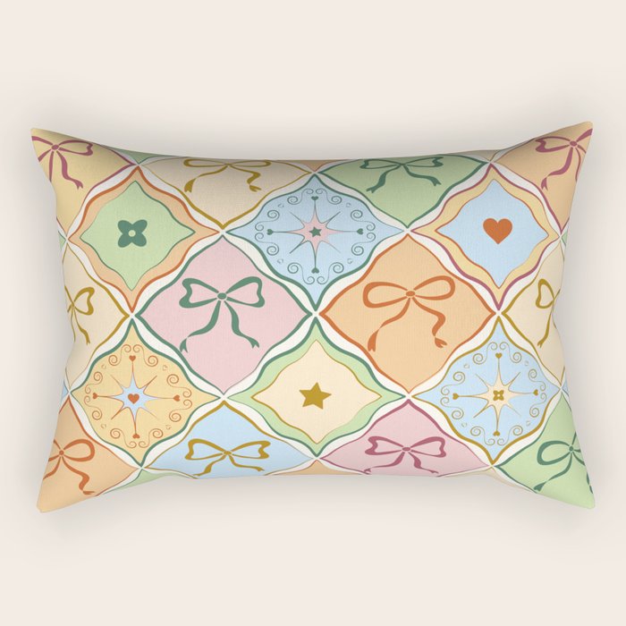 Coquette Ribbon Bows on Colorful Patchwork Rectangular Pillow Gallery Image 1