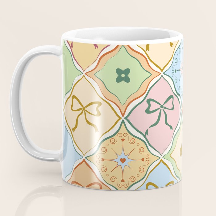 Coquette Ribbon Bows on Colorful Patchwork Coffee Mug Gallery Image 3