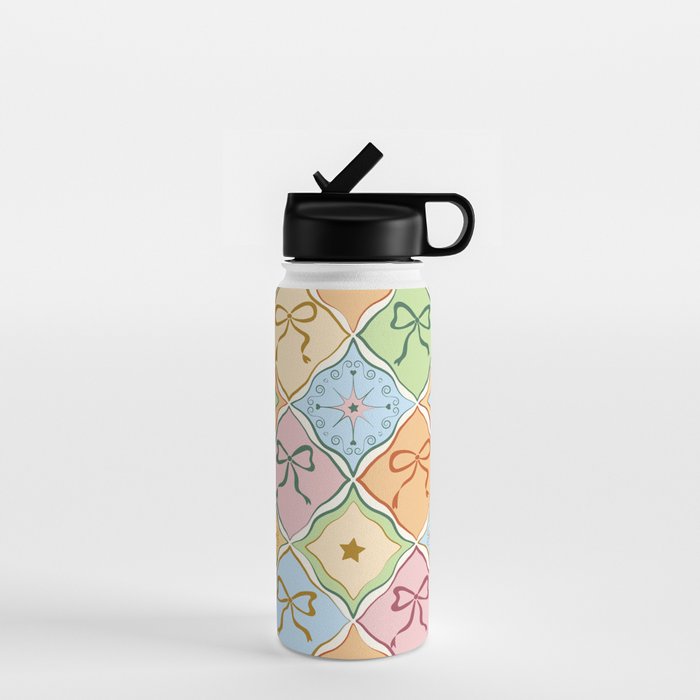 Coquette Ribbon Bows on Colorful Patchwork Water Bottle Gallery Image 1
