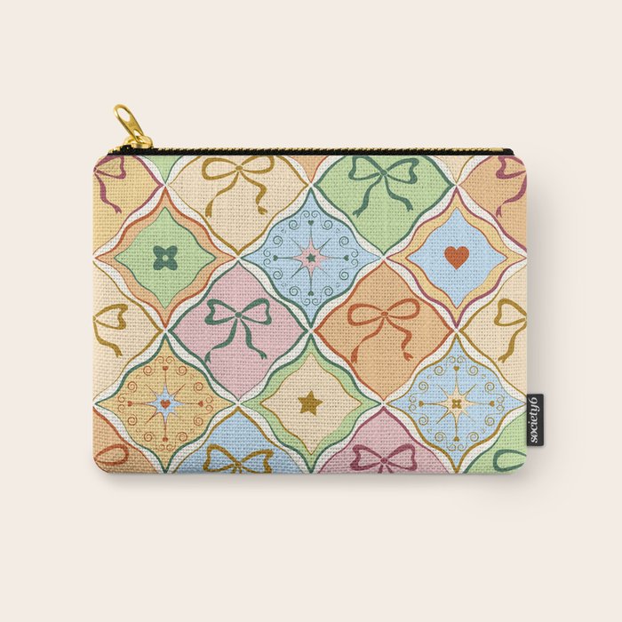 Coquette Ribbon Bows on Colorful Patchwork Carry All Pouch Gallery Image 1