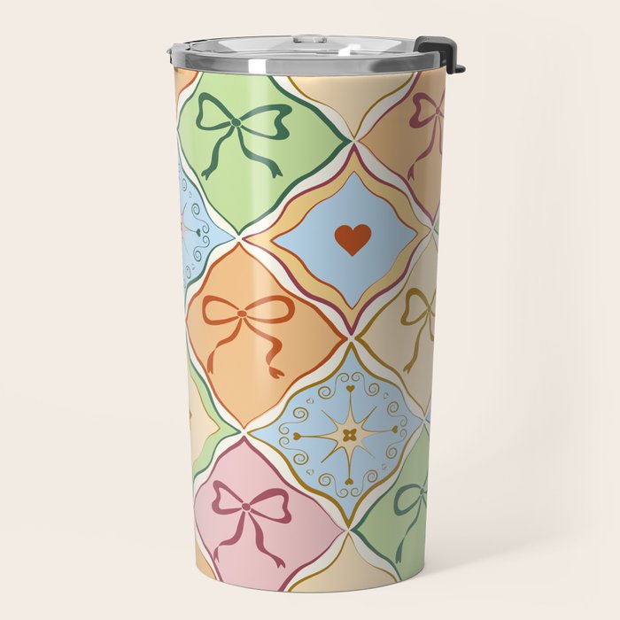 Coquette Ribbon Bows on Colorful Patchwork Travel Mug Gallery Image 2