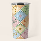 Coquette Ribbon Bows on Colorful Patchwork Travel Mug Gallery Image 1