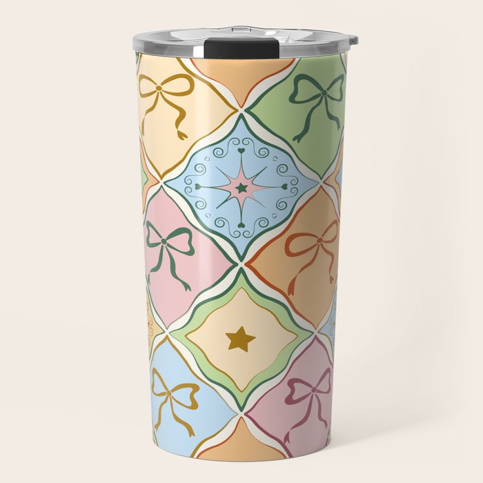 Coquette Ribbon Bows on Colorful Patchwork Travel Mug Gallery Image 1