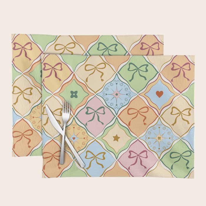 Coquette Ribbon Bows on Colorful Patchwork Placemat Gallery Image 1