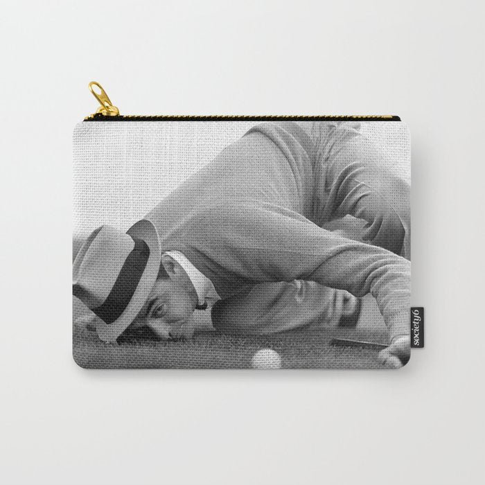 Eye to the ground on the 18th hole; golfing man eyes ball to measure distance to hole vintage black and white portrait photograph - photography - photographs poster Carry All Pouch Gallery Image 1