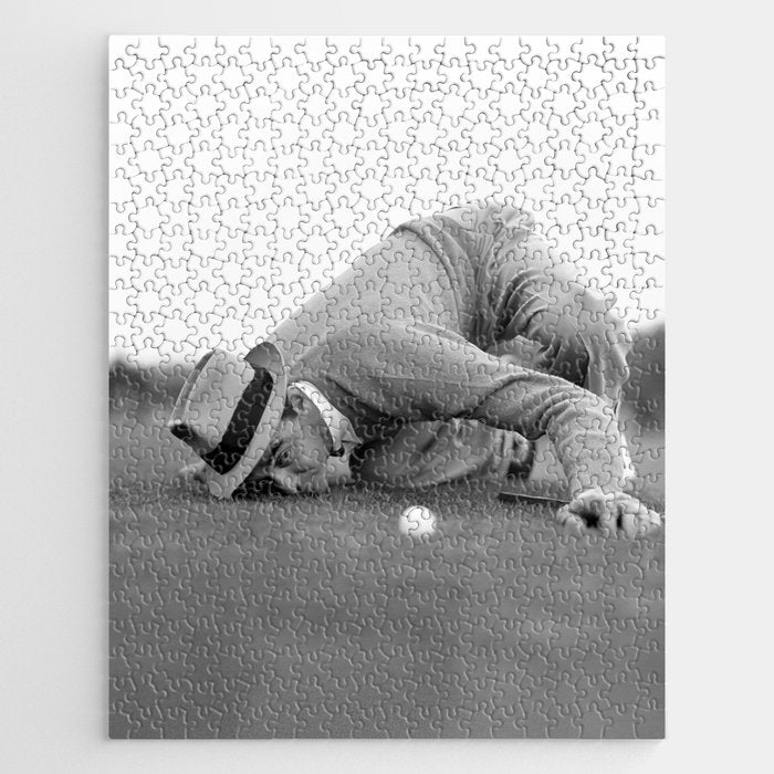 Eye to the ground on the 18th hole; golfing man eyes ball to measure distance to hole vintage black and white portrait photograph - photography - photographs poster Jigsaw Puzzle Gallery Image 1
