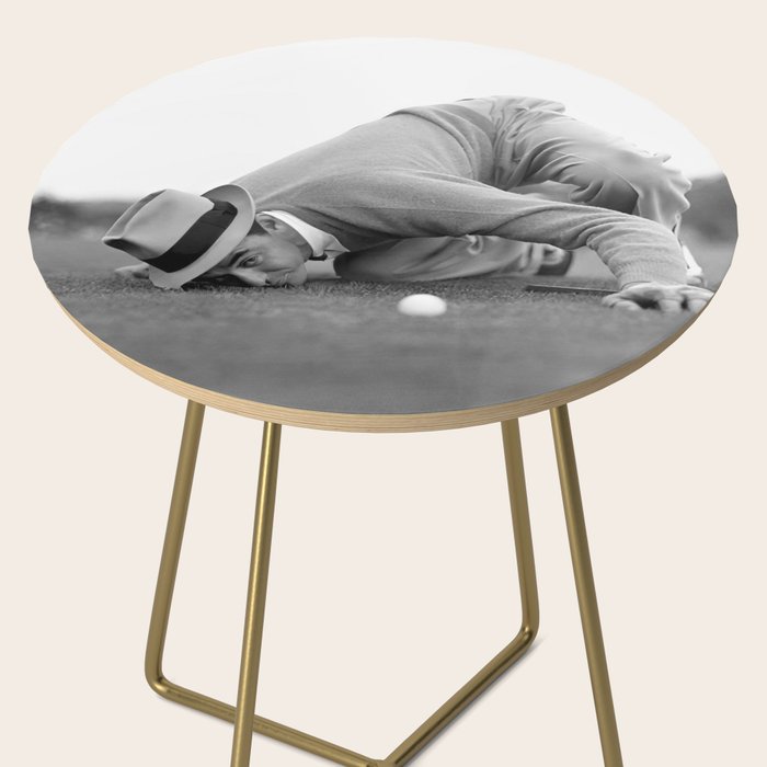 Eye to the ground on the 18th hole; golfing man eyes ball to measure distance to hole vintage black and white portrait photograph - photography - photographs poster Side Table Gallery Image 2