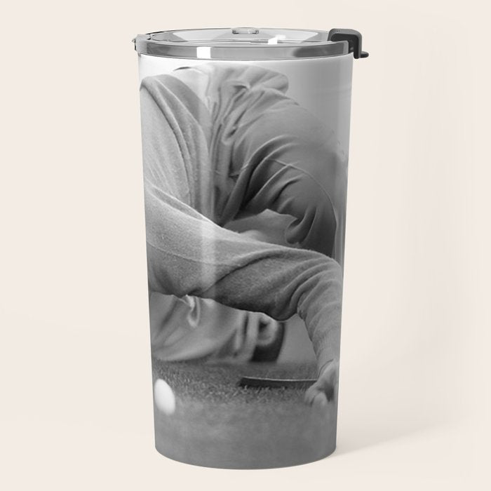 Eye to the ground on the 18th hole; golfing man eyes ball to measure distance to hole vintage black and white portrait photograph - photography - photographs poster Travel Mug Gallery Image 2