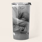 Eye to the ground on the 18th hole; golfing man eyes ball to measure distance to hole vintage black and white portrait photograph - photography - photographs poster Travel Mug Gallery Image 2
