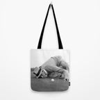 Eye to the ground on the 18th hole; golfing man eyes ball to measure distance to hole vintage black and white portrait photograph - photography - photographs poster Tote Bag Gallery Image 2