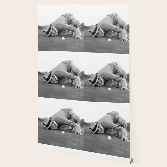 Eye to the ground on the 18th hole; golfing man eyes ball to measure distance to hole vintage black and white portrait photograph - photography - photographs poster Wallpaper Gallery Image 2