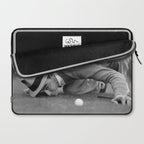 Eye to the ground on the 18th hole; golfing man eyes ball to measure distance to hole vintage black and white portrait photograph - photography - photographs poster Laptop Sleeve Gallery Image 2