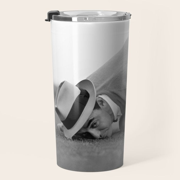 Eye to the ground on the 18th hole; golfing man eyes ball to measure distance to hole vintage black and white portrait photograph - photography - photographs poster Travel Mug Gallery Image 3