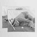 Eye to the ground on the 18th hole; golfing man eyes ball to measure distance to hole vintage black and white portrait photograph - photography - photographs poster Placemat Gallery Image 1