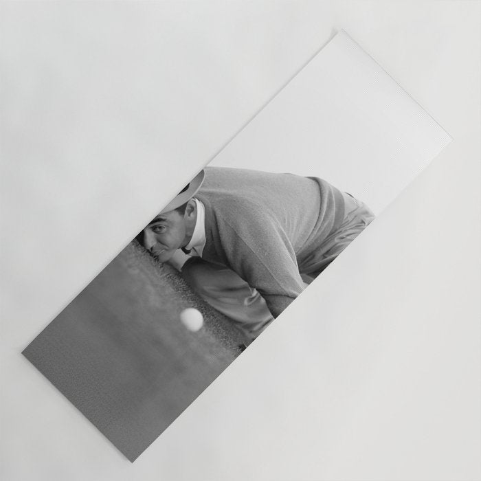 Eye to the ground on the 18th hole; golfing man eyes ball to measure distance to hole vintage black and white portrait photograph - photography - photographs poster Yoga Mat Gallery Image 1