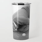 Eye to the ground on the 18th hole; golfing man eyes ball to measure distance to hole vintage black and white portrait photograph - photography - photographs poster Travel Mug Gallery Image 1