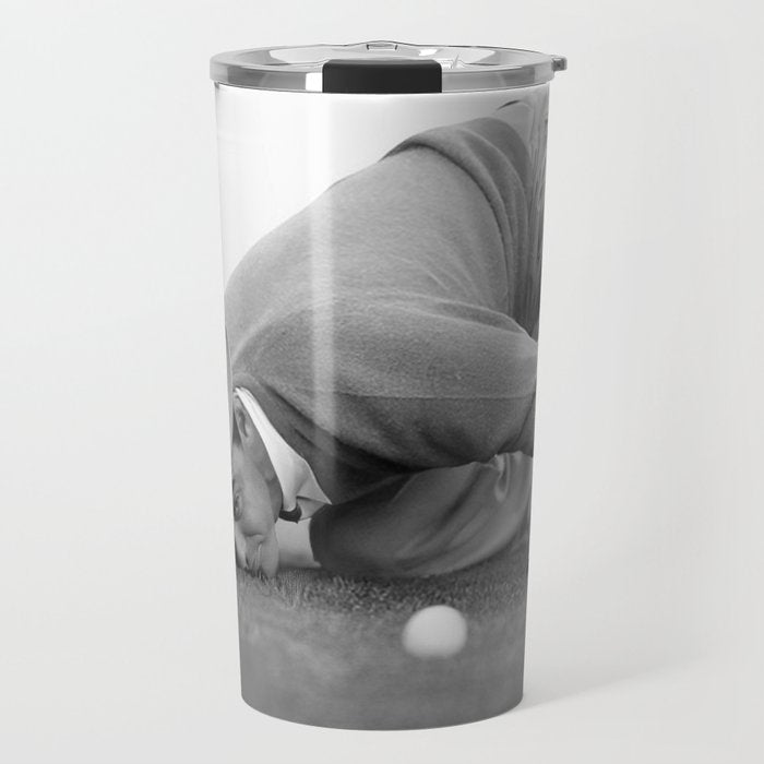 Eye to the ground on the 18th hole; golfing man eyes ball to measure distance to hole vintage black and white portrait photograph - photography - photographs poster Travel Mug Gallery Image 1