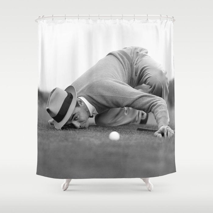 Eye to the ground on the 18th hole; golfing man eyes ball to measure distance to hole vintage black and white portrait photograph - photography - photographs poster Shower Curtain Gallery Image 1