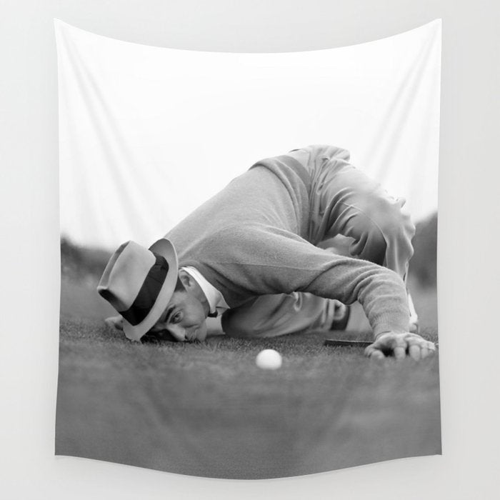 Eye to the ground on the 18th hole; golfing man eyes ball to measure distance to hole vintage black and white portrait photograph - photography - photographs poster Wall Tapestry Gallery Image 4