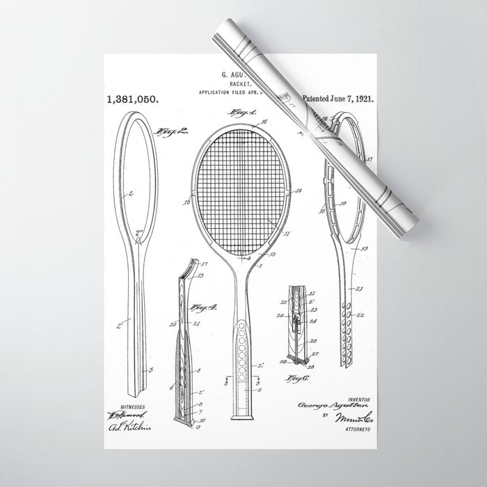 Tennis Racket Patent - Tennis Lover Coach Player Fan Art - White Wrapping Paper Gallery Image 1