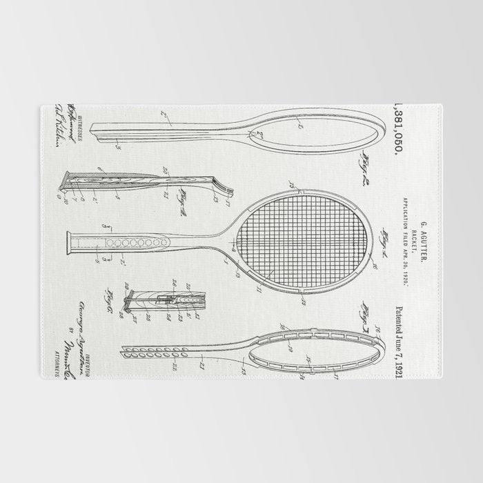 Tennis Racket Patent - Tennis Lover Coach Player Fan Art - White Rug Gallery Image 2