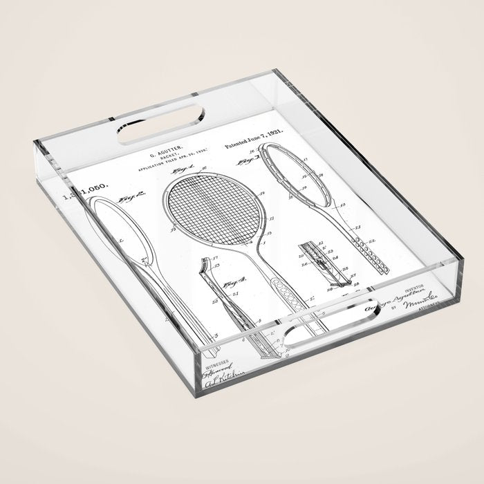 Tennis Racket Patent - Tennis Lover Coach Player Fan Art - White Acrylic Tray Gallery Image 1