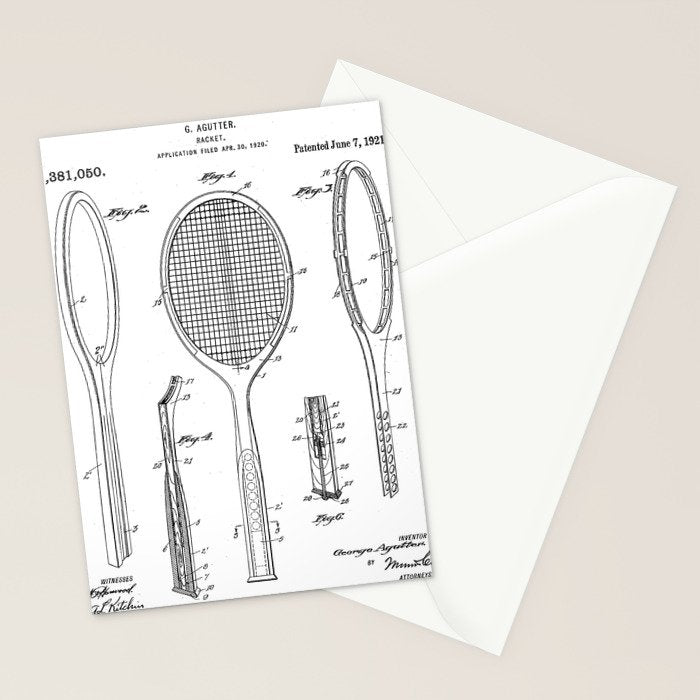 Tennis Racket Patent - Tennis Lover Coach Player Fan Art - White Stationery Card Gallery Image 2