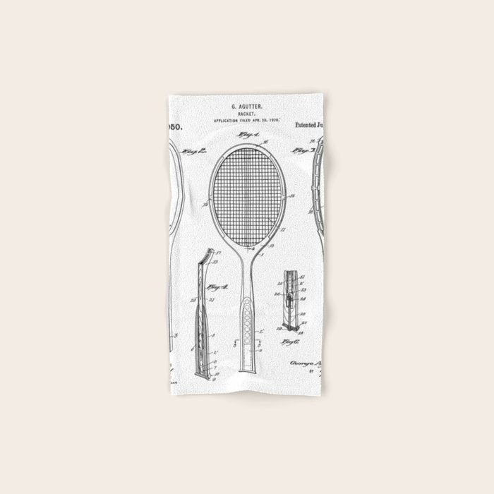Tennis Racket Patent - Tennis Lover Coach Player Fan Art - White Bath Towel Gallery Image 1