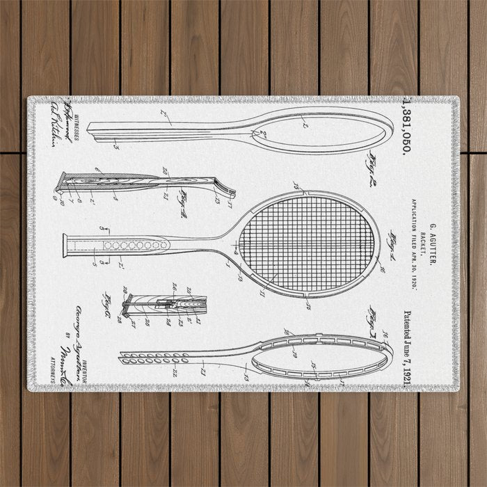 Tennis Racket Patent - Tennis Lover Coach Player Fan Art - White Outdoor Rug Gallery Image 1