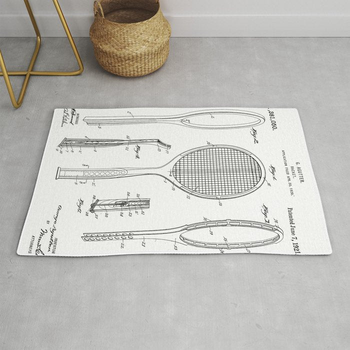 Tennis Racket Patent - Tennis Lover Coach Player Fan Art - White Rug Gallery Image 1