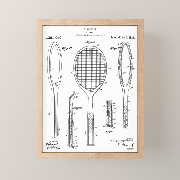Tennis Racket Patent - Tennis Lover Coach Player Fan Art - White Mini Art Print Gallery Image 1