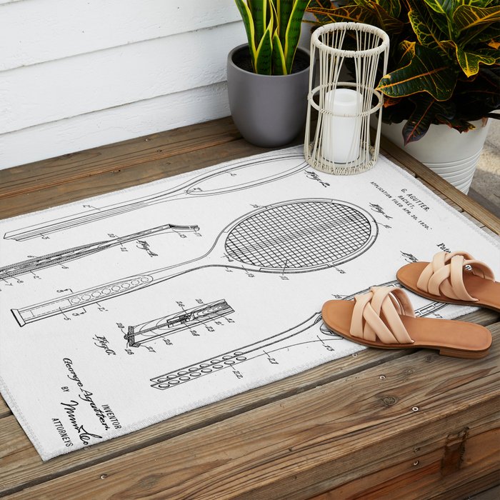 Tennis Racket Patent - Tennis Lover Coach Player Fan Art - White Outdoor Rug Gallery Image 2
