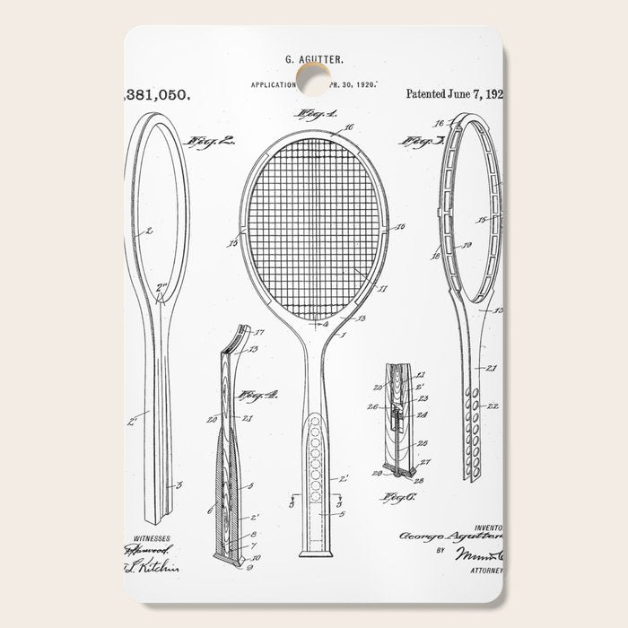 Tennis Racket Patent - Tennis Lover Coach Player Fan Art - White Cutting Board Gallery Image 1