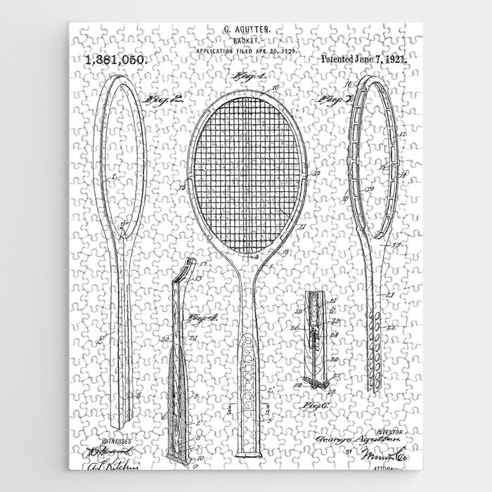 Tennis Racket Patent - Tennis Lover Coach Player Fan Art - White Jigsaw Puzzle Gallery Image 1