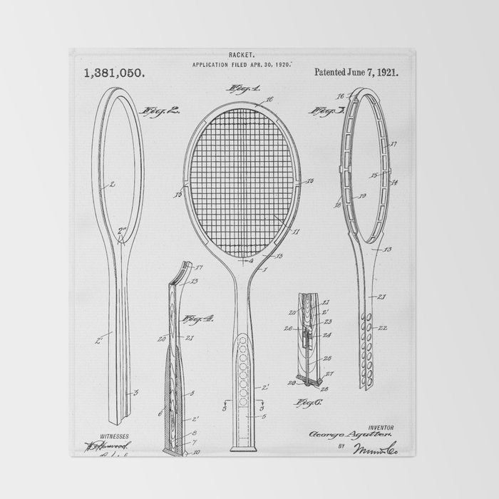 Tennis Racket Patent - Tennis Lover Coach Player Fan Art - White Throw Blanket Gallery Image 2