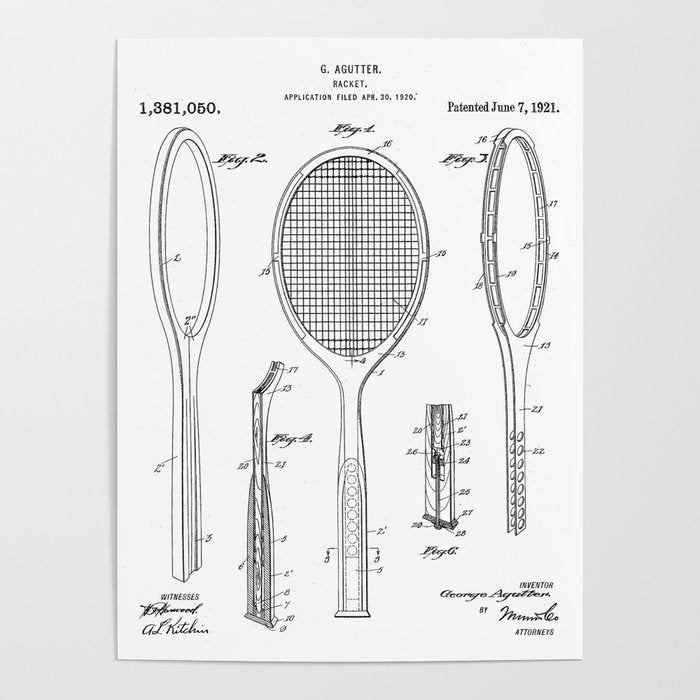 Tennis Racket Patent - Tennis Lover Coach Player Fan Art - White Poster Gallery Image 1