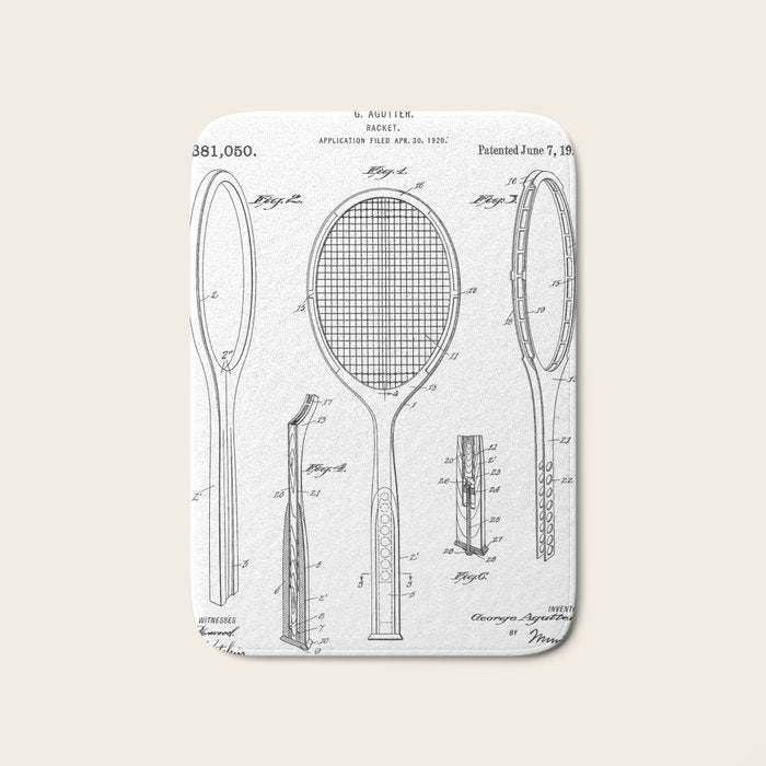 Tennis Racket Patent - Tennis Lover Coach Player Fan Art - White Bath Mat Gallery Image 1