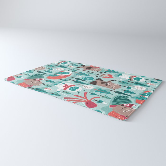 Besties // aqua background white Yeti brown Bigfoot teal and mint trees red and coral details Rug Gallery Image 3