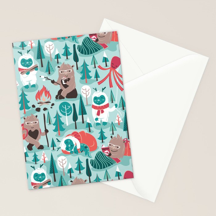 Besties // aqua background white Yeti brown Bigfoot teal and mint trees red and coral details Stationery Card Gallery Image 2