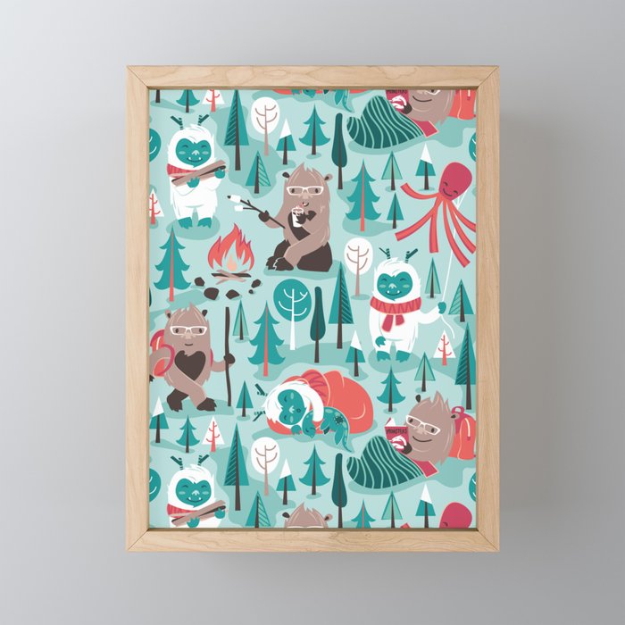 Besties // aqua background white Yeti brown Bigfoot teal and mint trees red and coral details Mini Art Print Gallery Image 1
