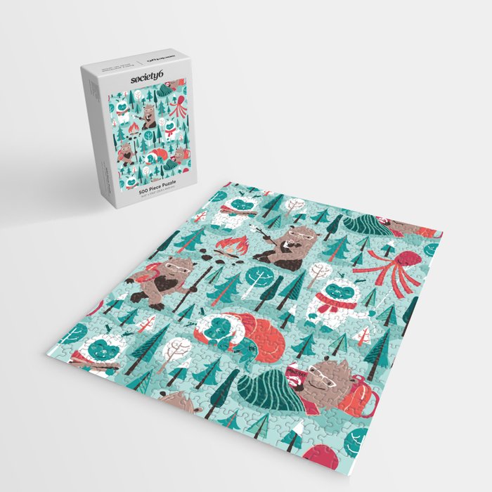 Besties // aqua background white Yeti brown Bigfoot teal and mint trees red and coral details Jigsaw Puzzle Gallery Image 2