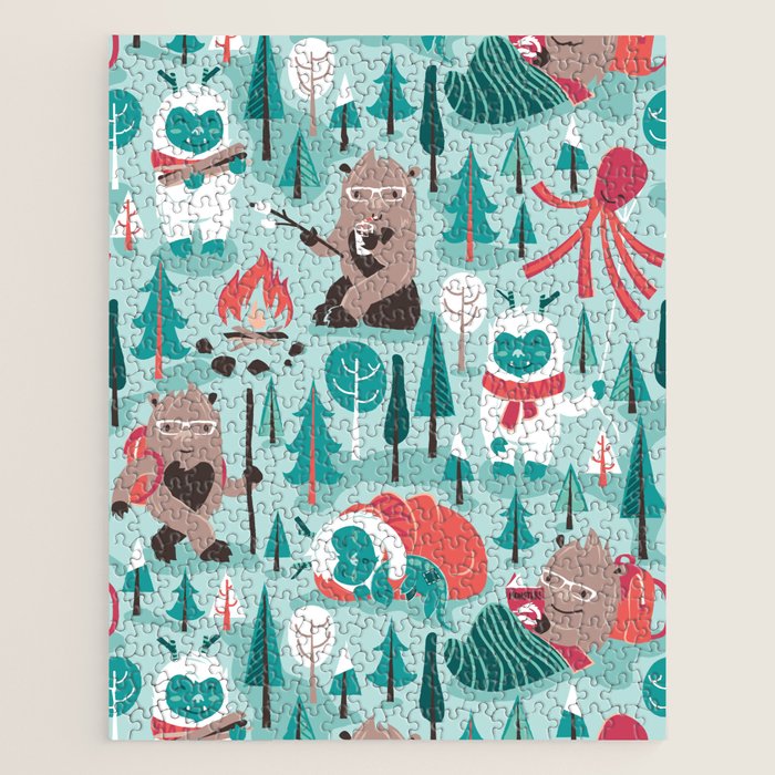 Besties // aqua background white Yeti brown Bigfoot teal and mint trees red and coral details Jigsaw Puzzle Gallery Image 1