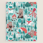 Besties // aqua background white Yeti brown Bigfoot teal and mint trees red and coral details Jigsaw Puzzle Gallery Image 1
