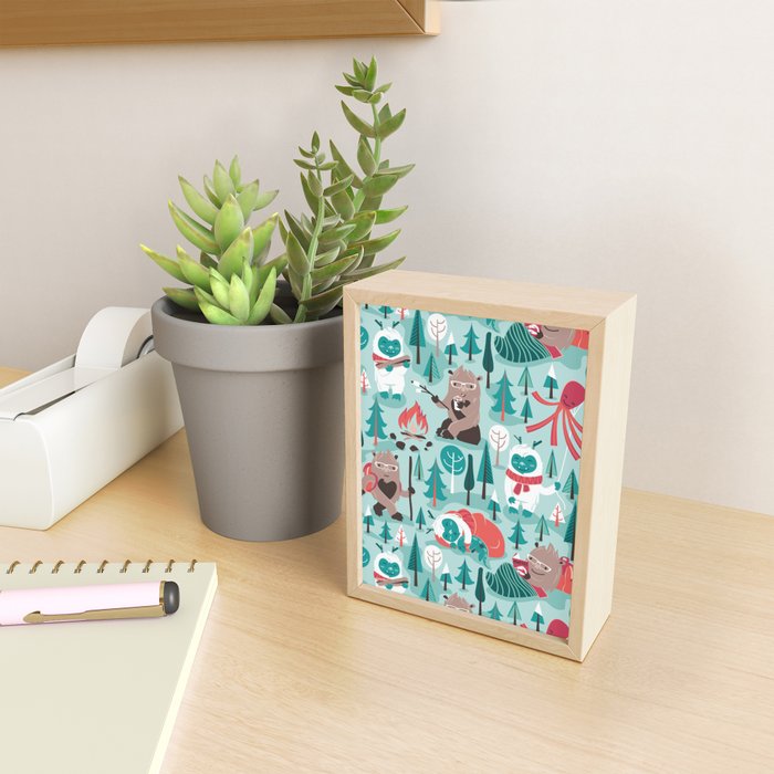 Besties // aqua background white Yeti brown Bigfoot teal and mint trees red and coral details Mini Art Print Gallery Image 2